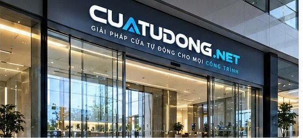 Mặt tiền showroom CUATUDONG.NET với cửa kính tự động